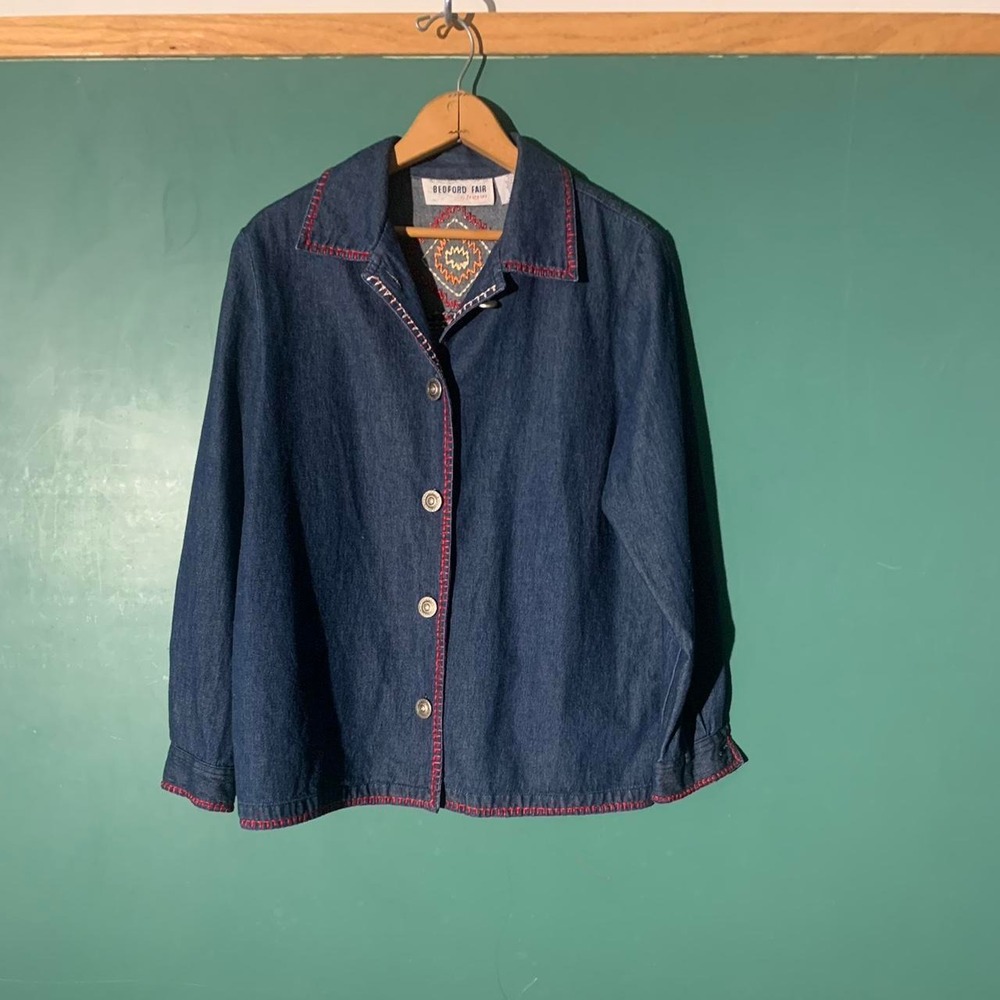 Bedford Fair Navy Blue Embroidered Denim Button Up Shirt Petite Medium Vintage